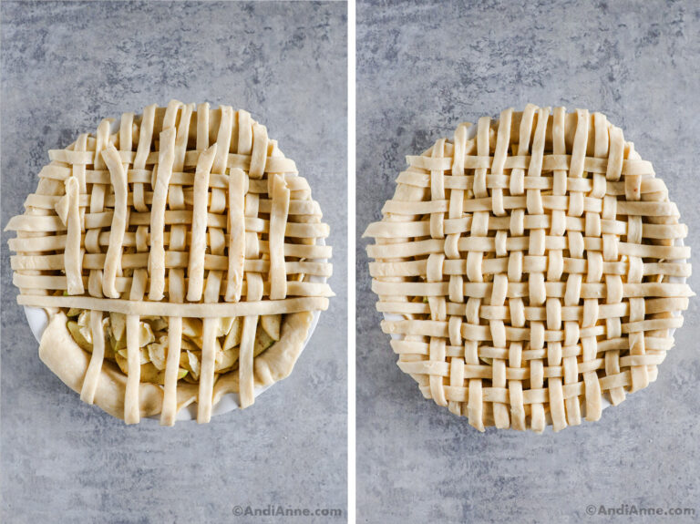 Unbaked pie with woven lattice crust in two different stages.
