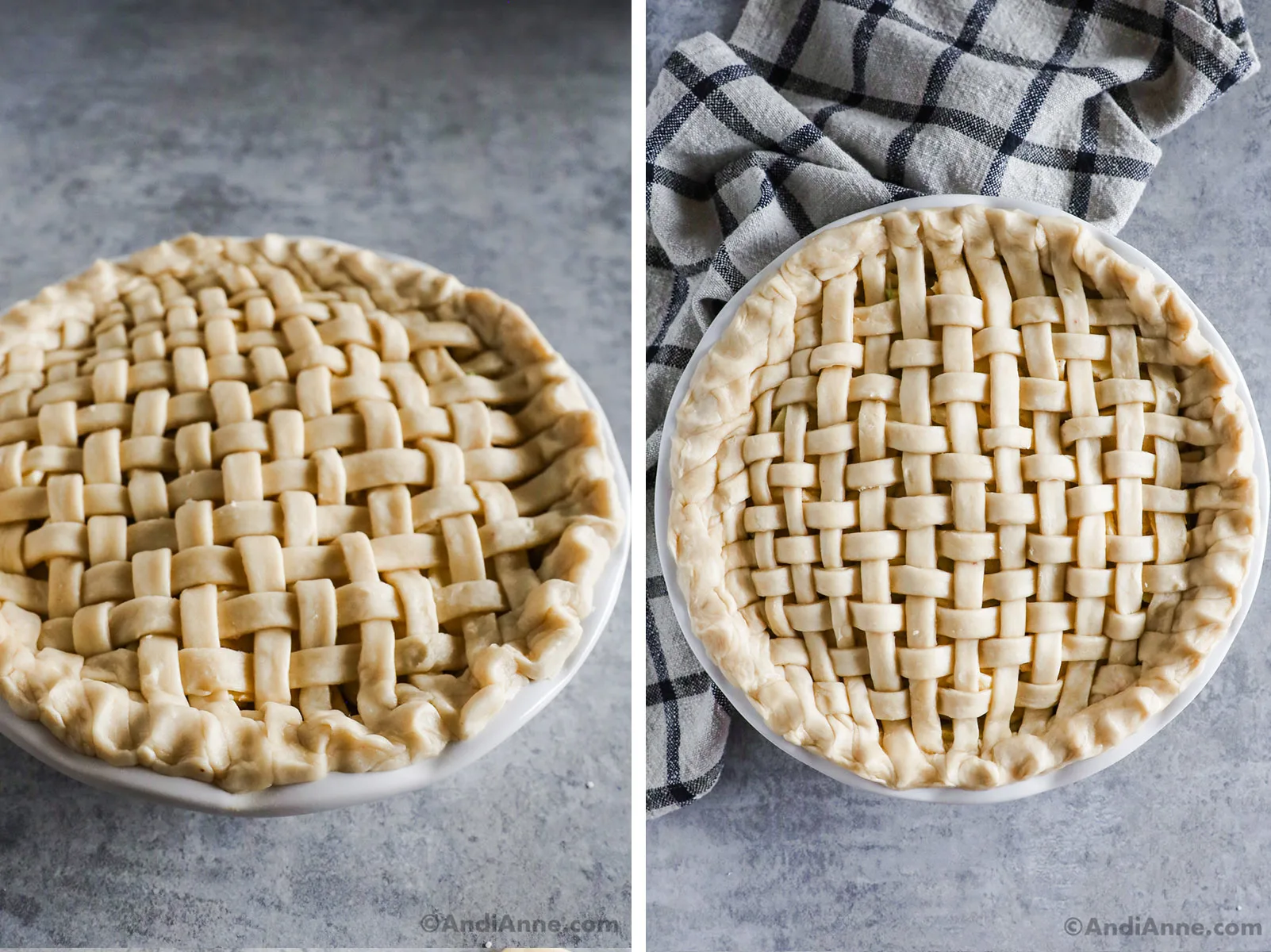 Unbaked pie with lattice pie crust.