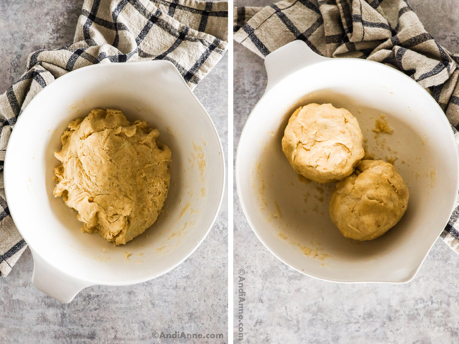 Two images of dough in bowl, first is one dough ball, second is two balls.