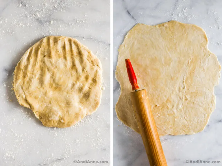 Rolled out pie crust pastry on a surface with a rolling pin.