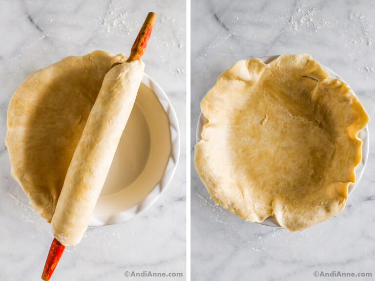 A deep dish pie crust in a pie dish and a rolling pin.