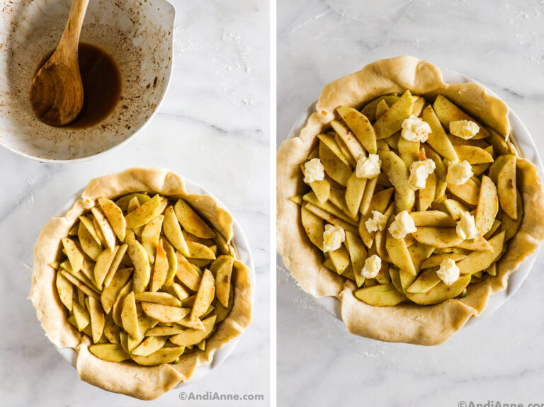 A deep dish unbaked apple pie with crust overhang and raw pie mixture inside.