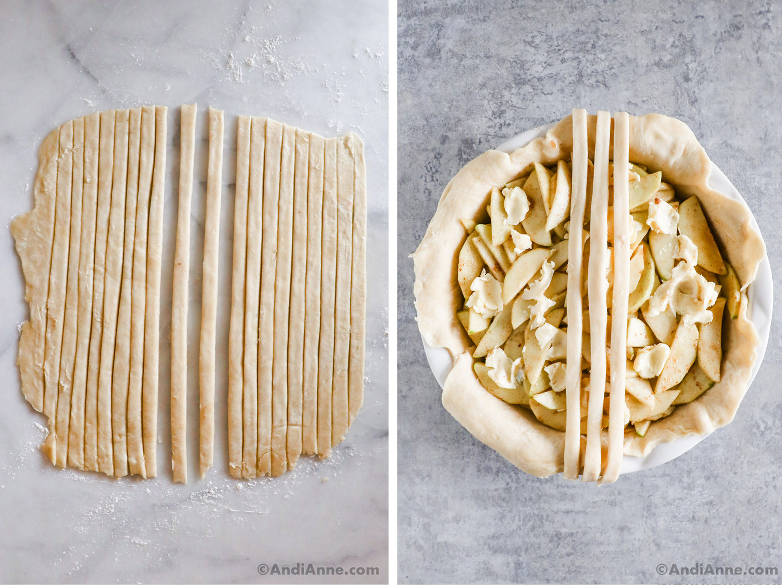 Strips of pastry dough and three strips on top of unbaked apple pie.