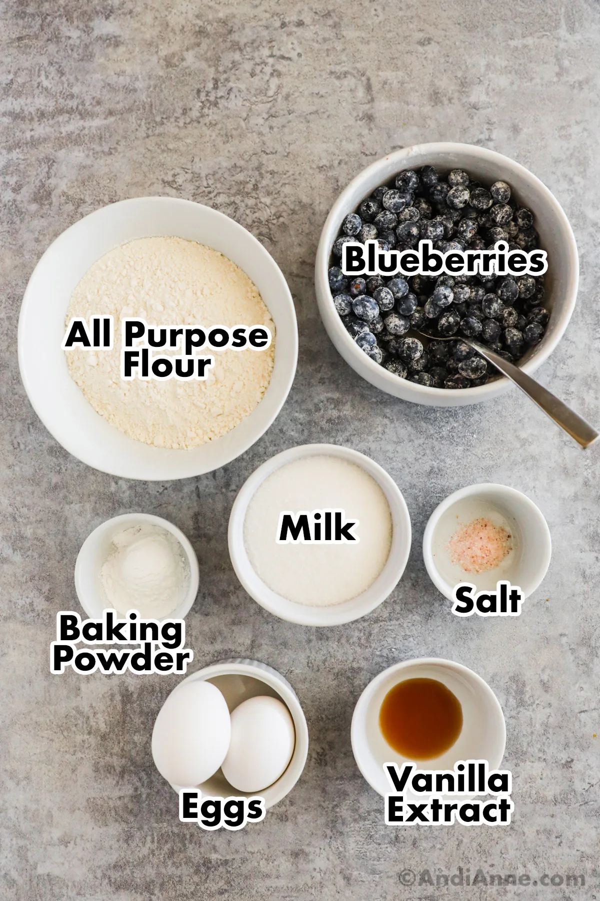 Recipe ingredients in bowls including flour, milk, salt, baking powder, eggs and floured blueberries.