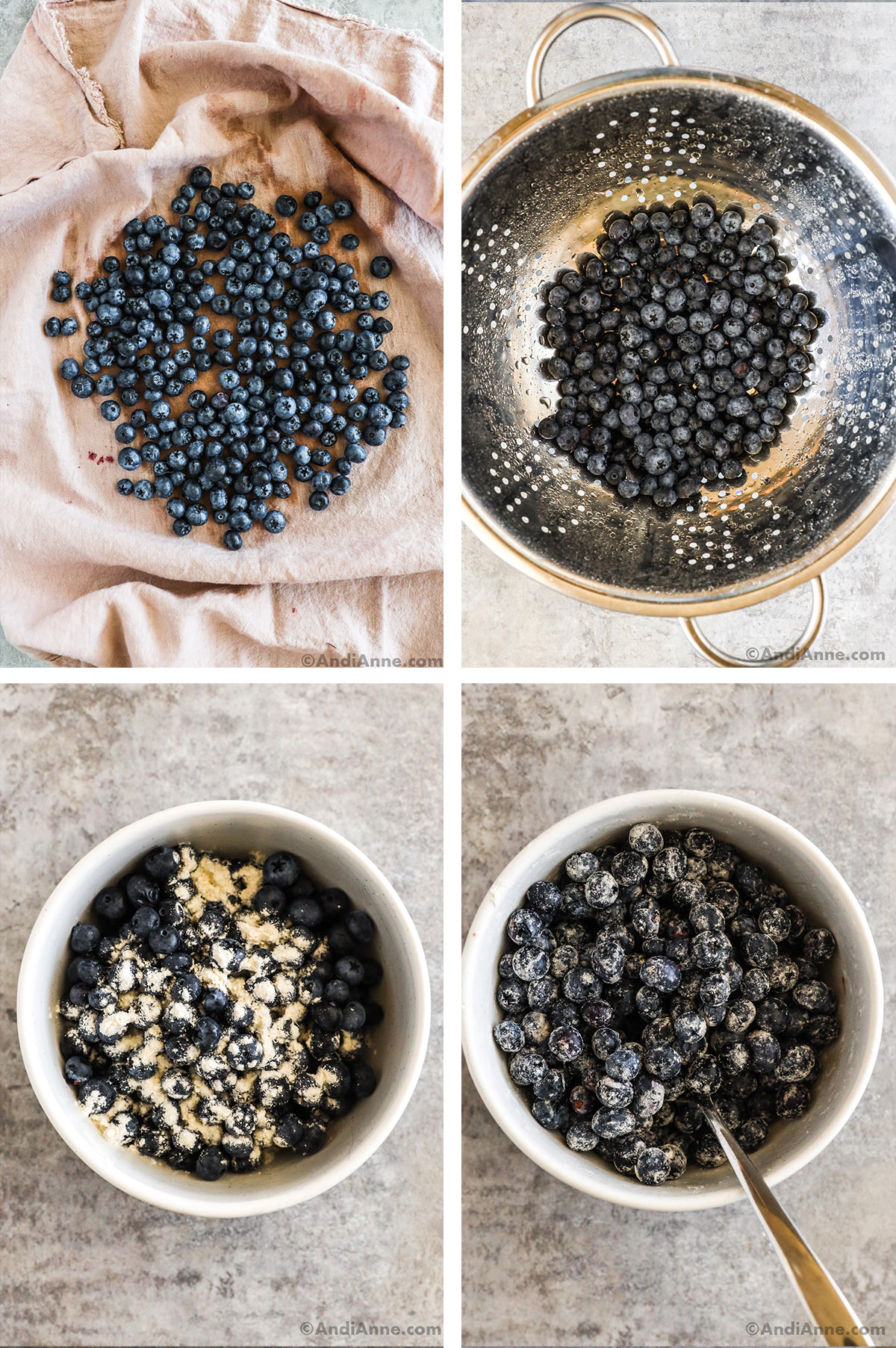 Four images together. First is blueberries on a towel, second is blueberries in a strainer, third is blueberries and flour in a bowl, fourth is floured blueberries in a bowl.