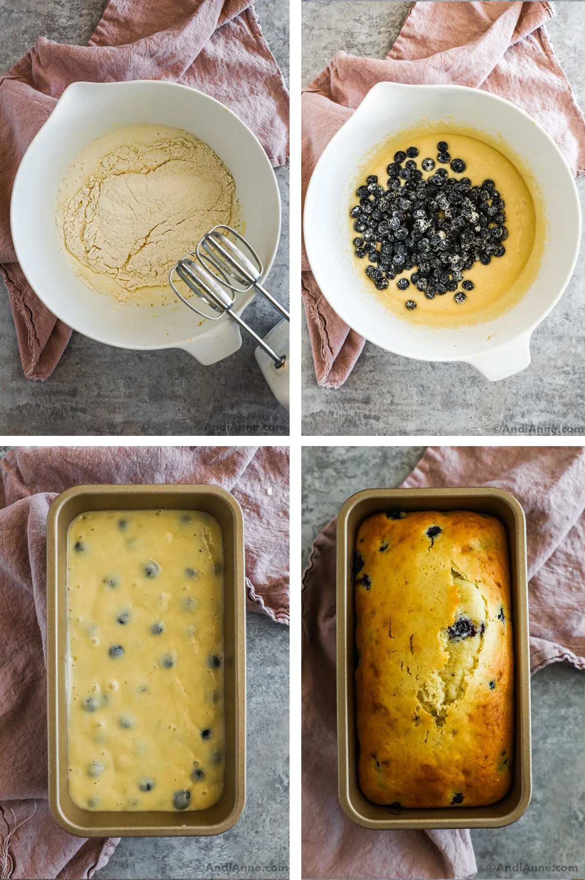 Four images showing steps to make recipe. First is dry ingredients dumped over top of wet in a bowl. Second is blueberries on top of batter in a bowl. Third is unbaked loaf. Second is baked blueberry loaf.