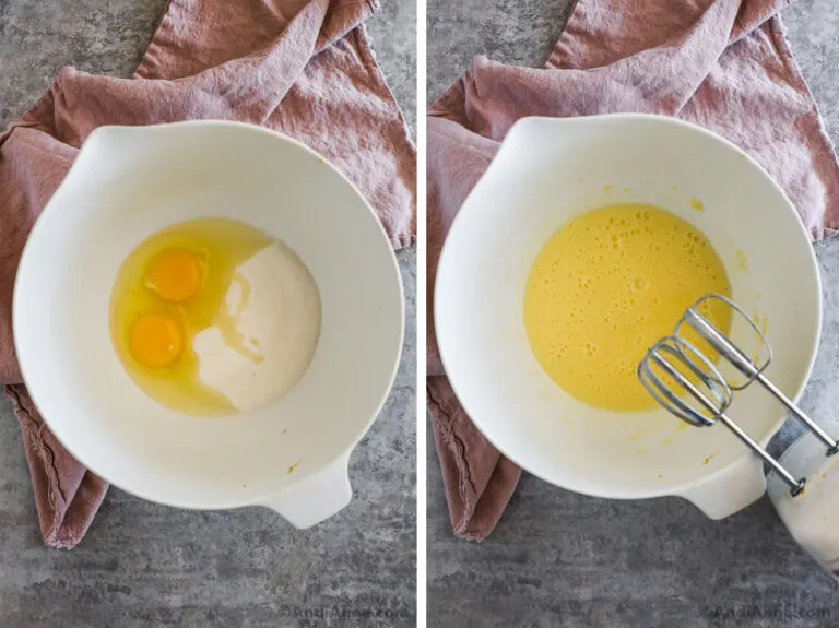 Two images of a white bowl, first with unmixed eggs an sugar, second mixed together and hand mixer.