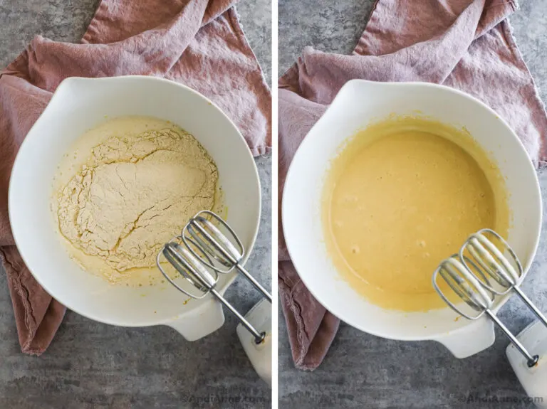 Two images of a white bowl with loaf batter, first unmixed then mixed.