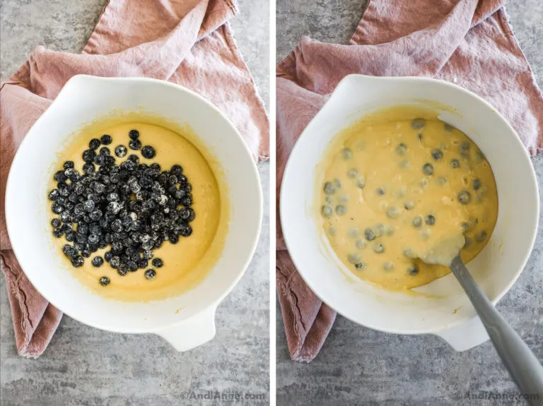 Two images of a white bowl with batter and blueberries, first unmixed then mixed in.