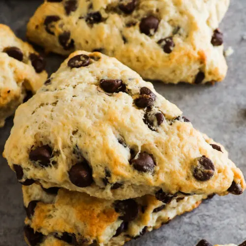 Chocolate chip scones stacked on eachother.
