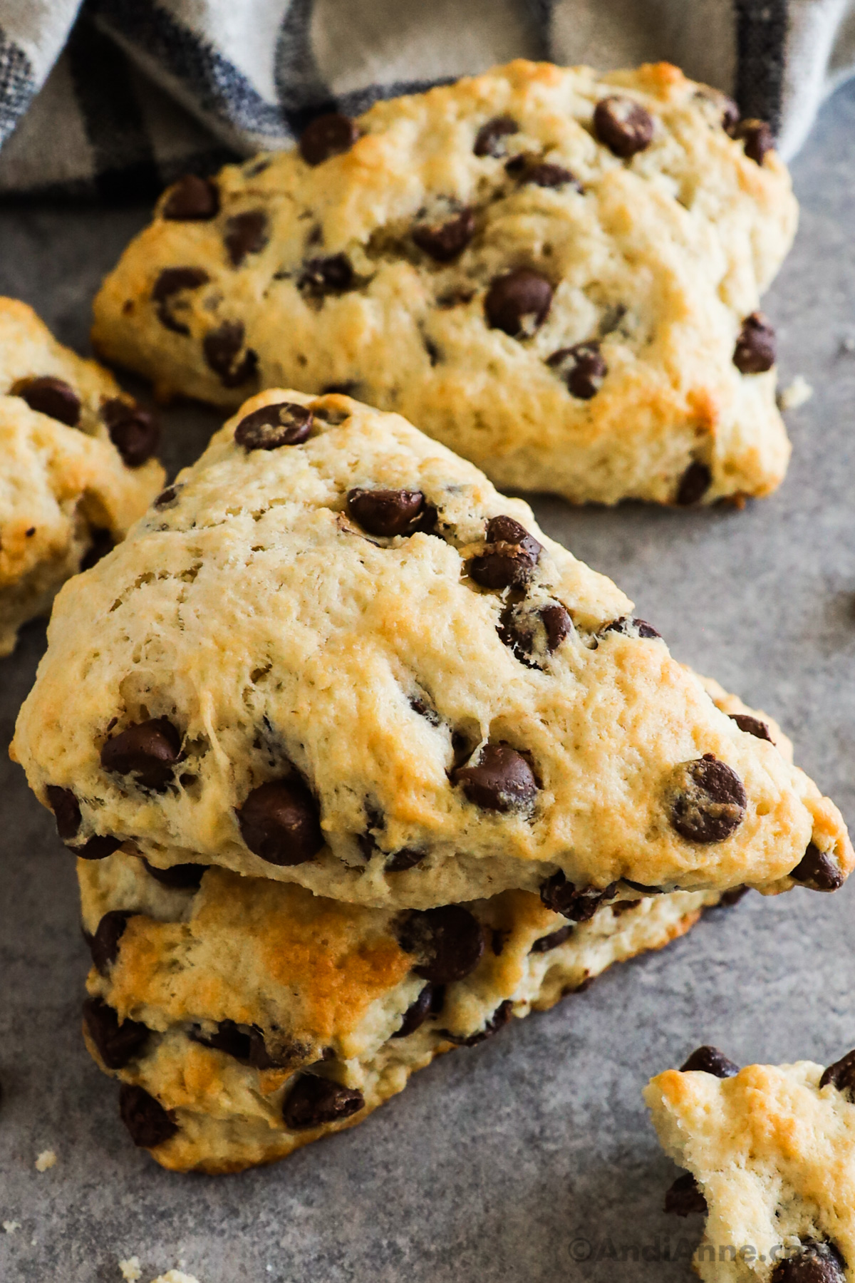 Close up of several chocolate chip scones.