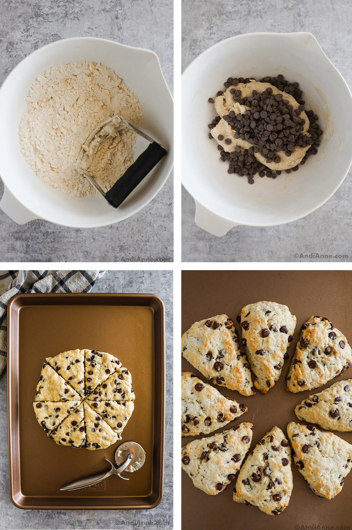 Four images ground together. First two are white bowls with scone dough in various stages of making. Third and fourth are the scones sliced into triangles, raw then baked.