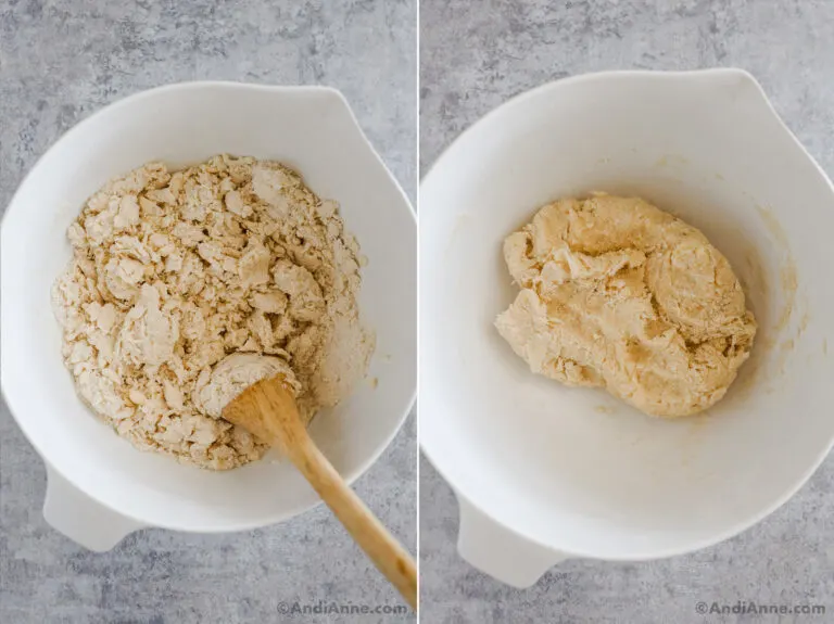 Two images of a bowl with pastry dough in different stages.