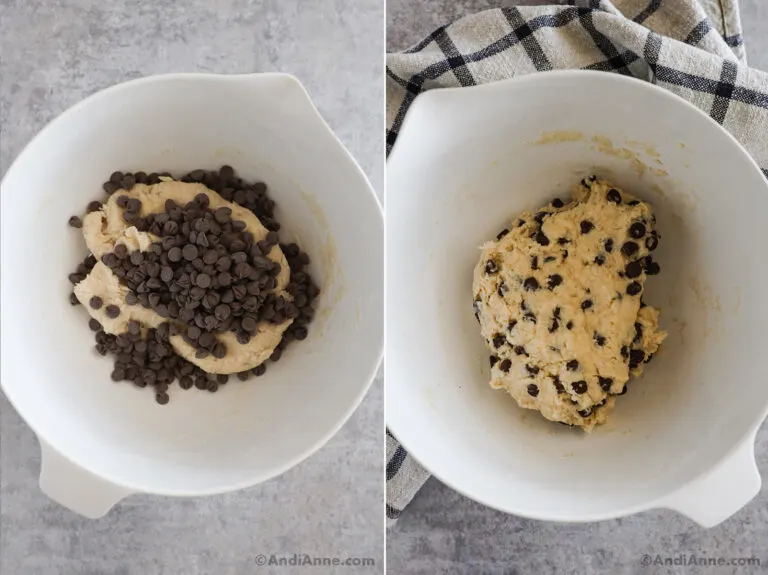 Two image of a bowl with chocolate chips in pastry dough.