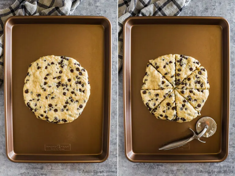 Two images of rounded chocolate chip scone dough, second one is sliced into 8 with pizza cutter.