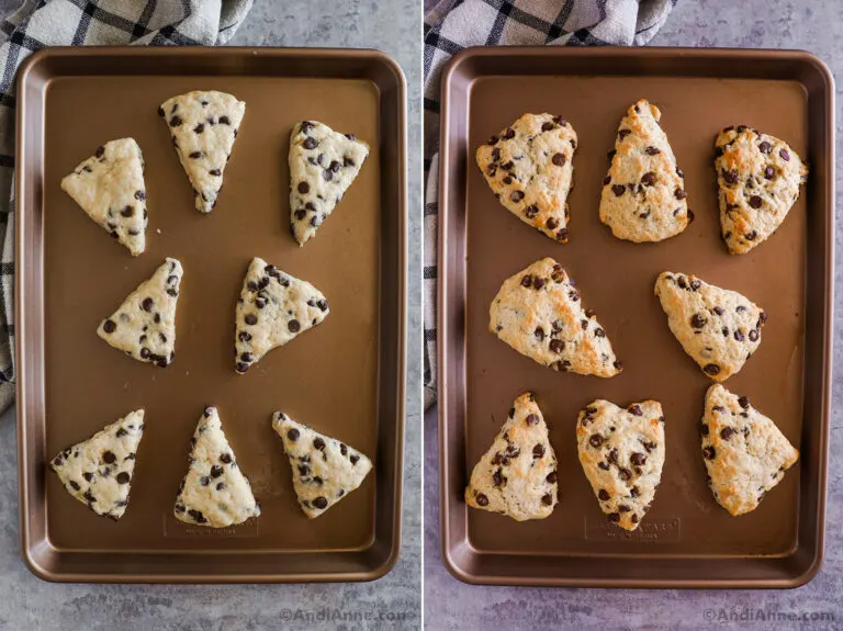 Two images of chocolate chip scones, first unbaked second baked.