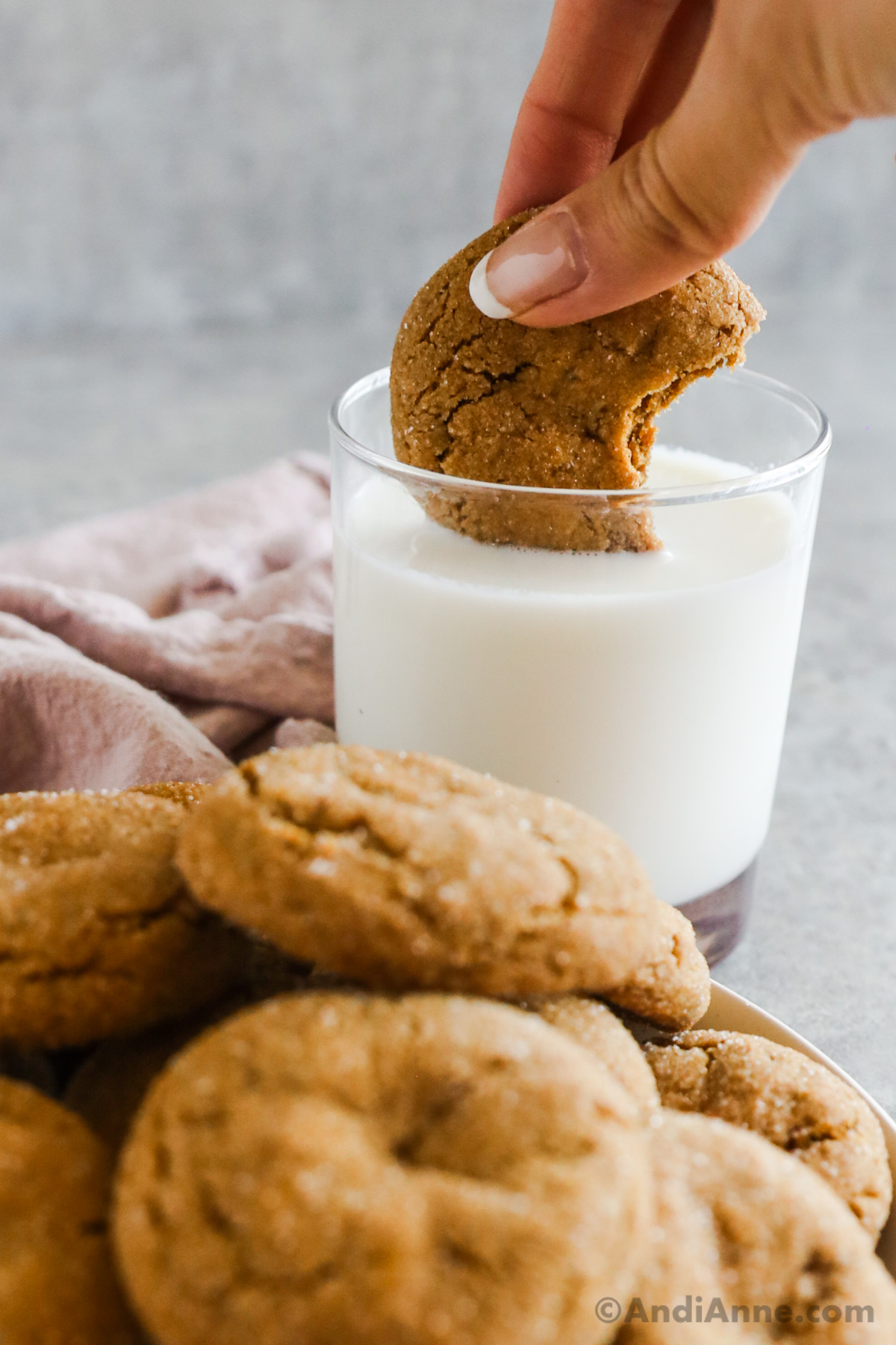 Hand dipping a cookie into a glass of milk with a stack of gingerbread cookies in front of it.