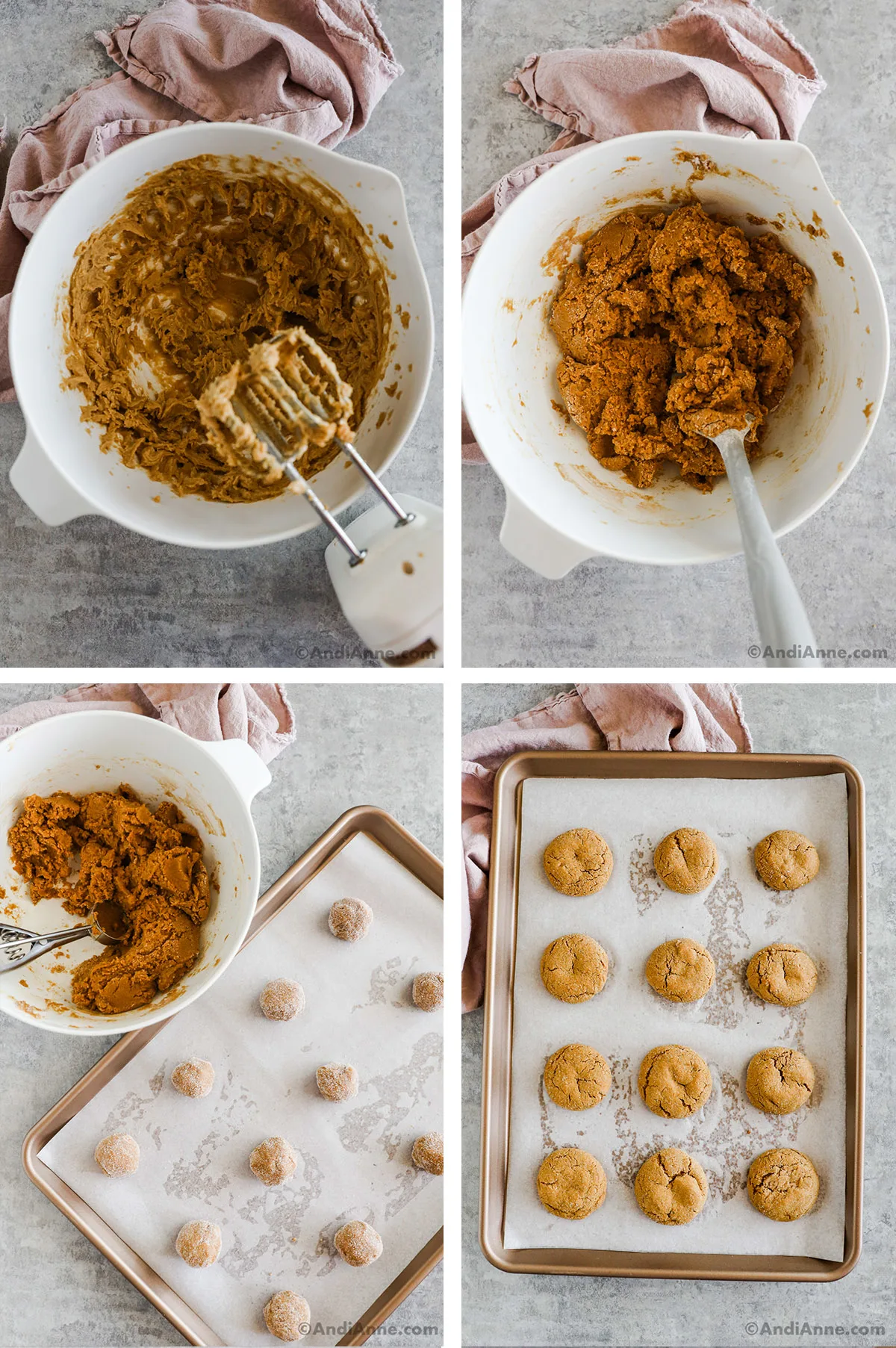 Four images, first two are cookie dough being mixed at various stages, third is dough in bowl and rolled cookies on baking sheet. Fourth is baked cookies on baking sheet.