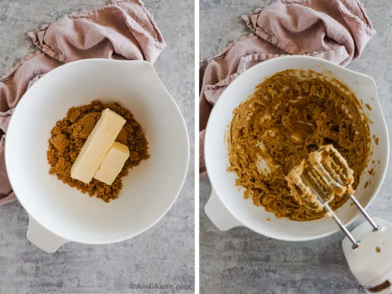 Two images of a white bowl, first with butter and brown sugar. Second with creamed butter and a hand mixer.