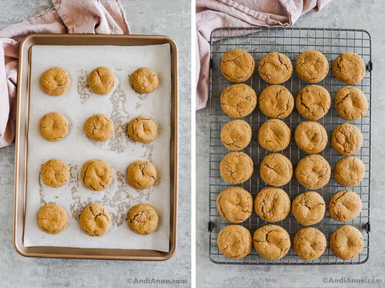 Two images of baked ginger cookies, first on a baking sheet, second on a cooling rack.