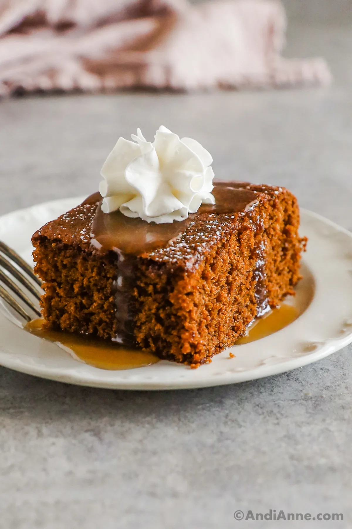 A slice of gingerbread cake drizzled with caramel sauce and topped with whipped cream.