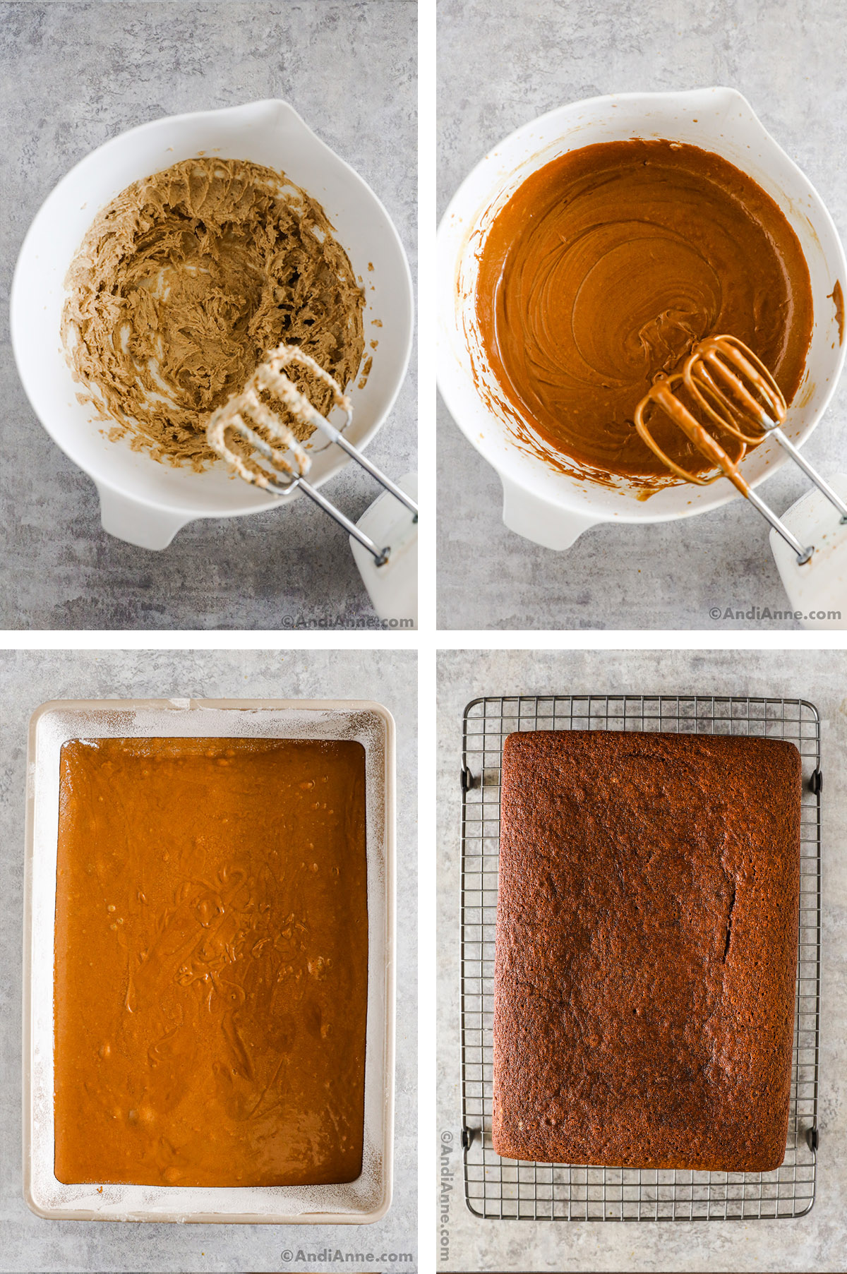 Four images showing steps to make recipe. First is creamed butter and sugar in bowl with handmixer. Second is smooth and creamy wet ingredients  in bowl. Third is cake batter poured in to cake pan. Fourth is baked cake cooling on a rack.