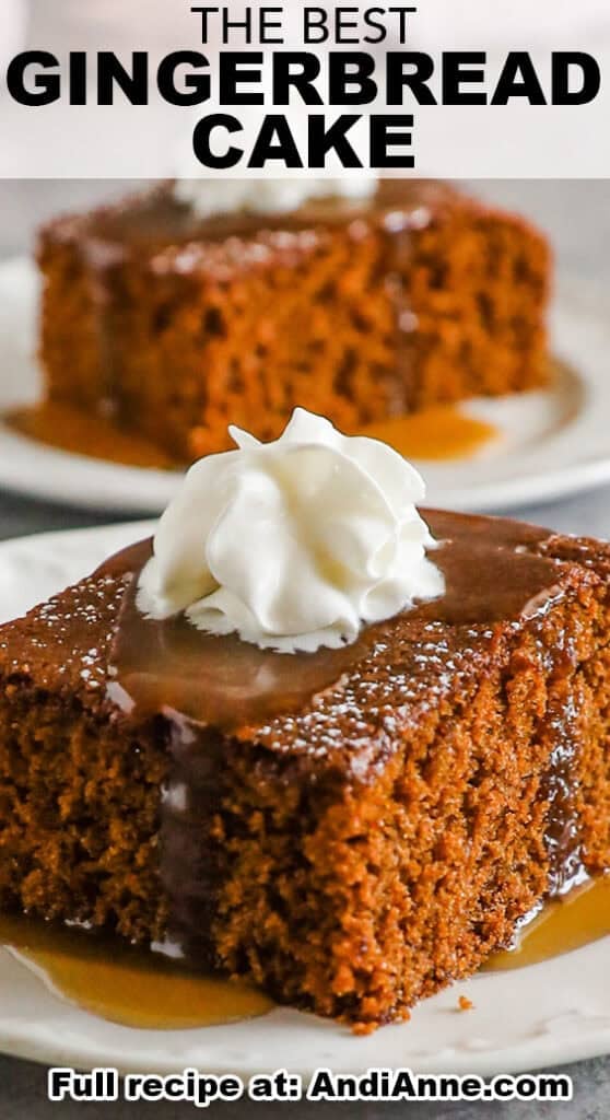 Two slices of gingerbread cake topped with caramel sauce and whipped cream.