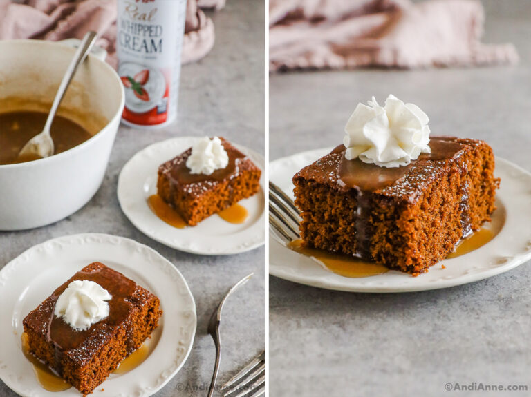 Slices of gingerbread cake drizzled with caramel sauce and topped with whipped cream.
