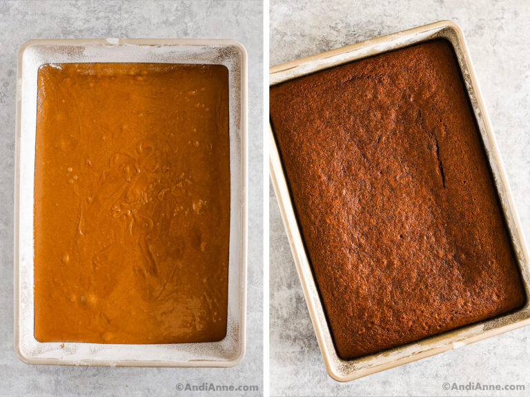 Gingerbread cake before baking and after baking in a large baking pan.