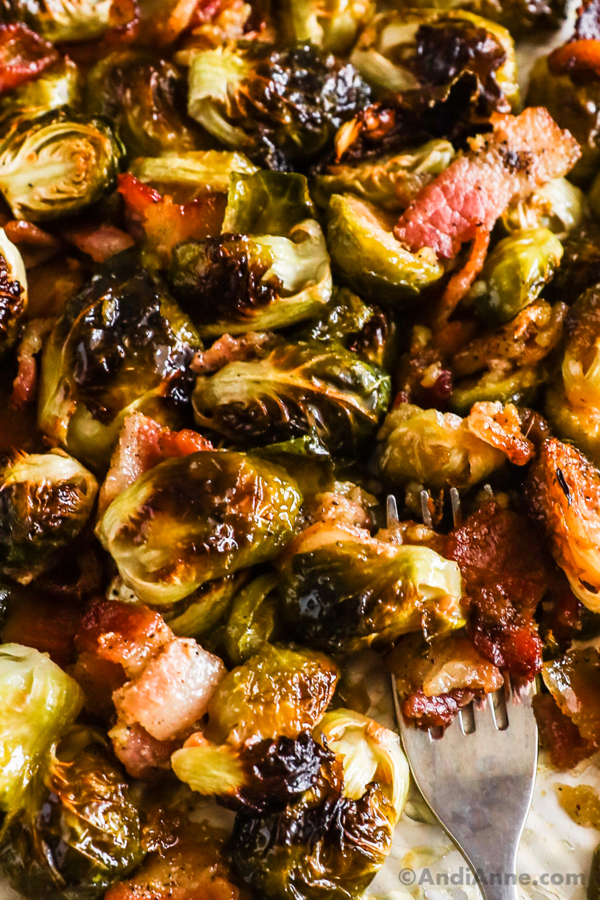 Close up roasted maple brussels sprouts with bacon.