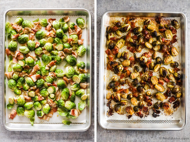 Two images of a baking sheet with maple bacon brussels sprouts. First unbaked, second baked.