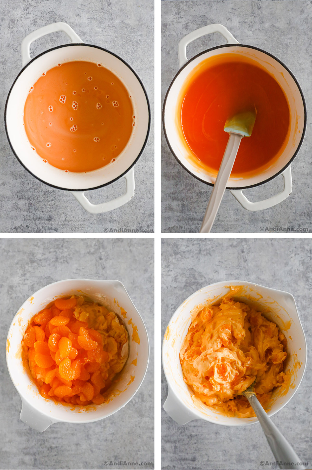 Four images of various stages of making orange jello salad recipe, all in bowls