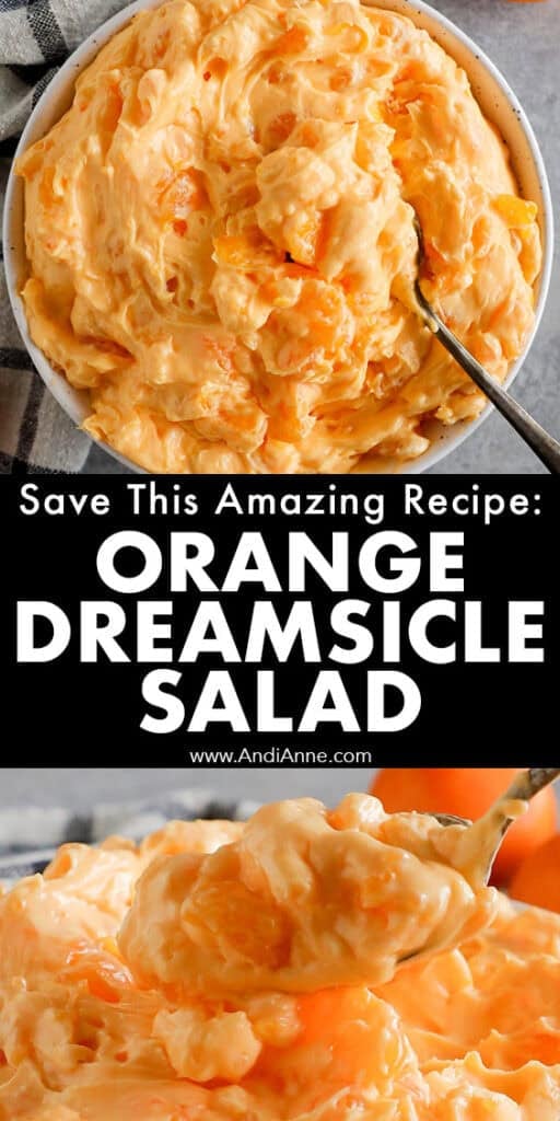 A bowl of mandarin orange dreamsicle salad with a spoon close up detail