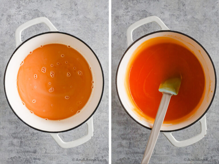A pot with pudding and orange jello mix in liquid form.
