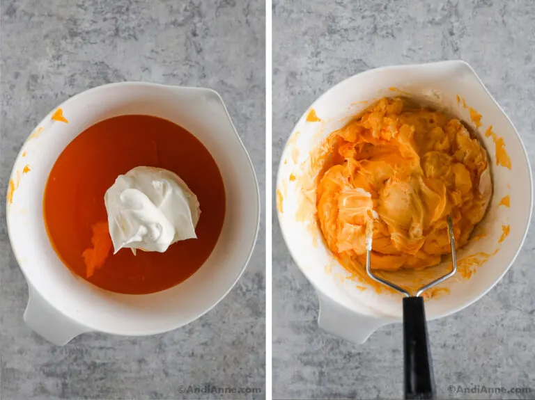 A bowl with orange jello and whipped cream, which is then mixed together