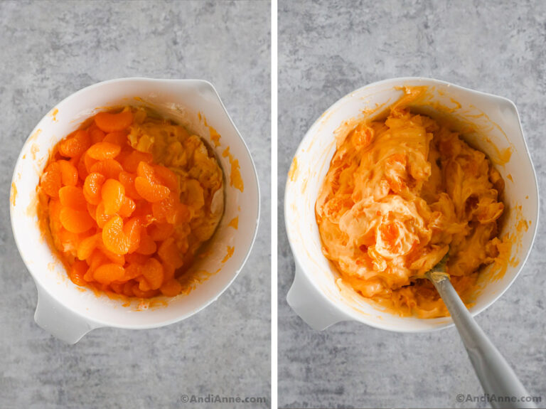 Mandarin oranges dumped over creamy jello mixture in a bowl, then mixed in
