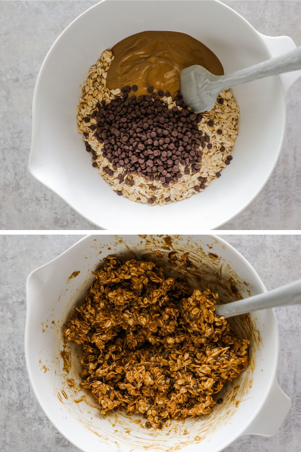 A bowl of oats, peanut butter, maple syrup and chocolate chips unmixed then mixed.