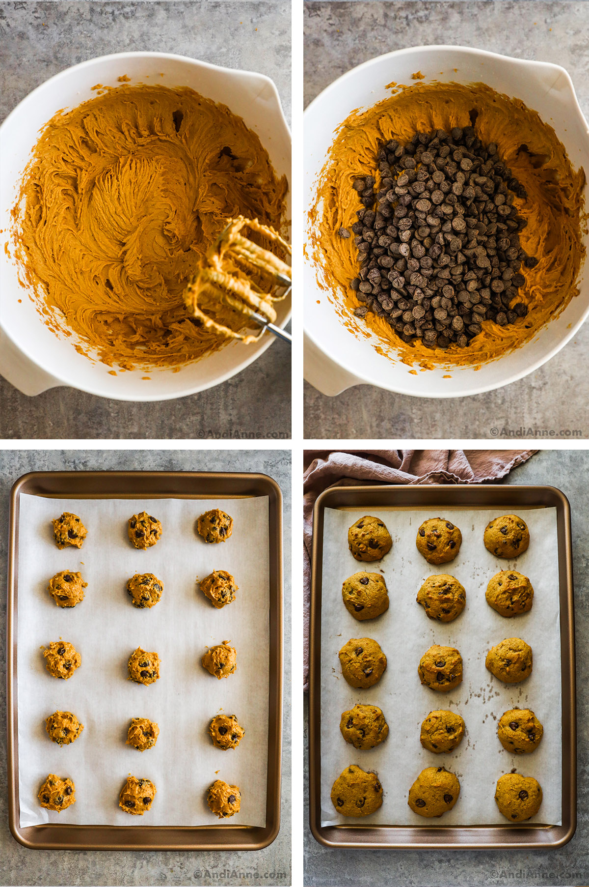 Four images on a counter including mixed batter, chocolate chips dumped into batter, unbaked cookies on a baking sheet, and baked pumpkin chocolate cookies on a baking sheet.