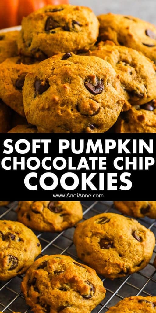 Soft pumpkin chocolate chip cookies piled on top of eachother.