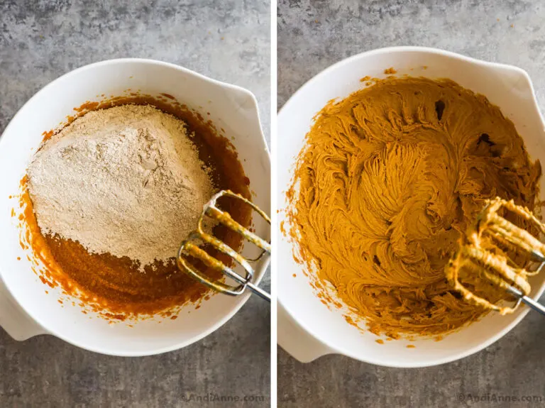 A bowl with pumpkin cookie batter, first unmixed then mixed.