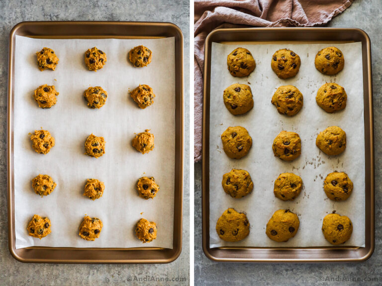 Pumpkin chocolate chip cookies on a baking sheet. First unbaked then baked.