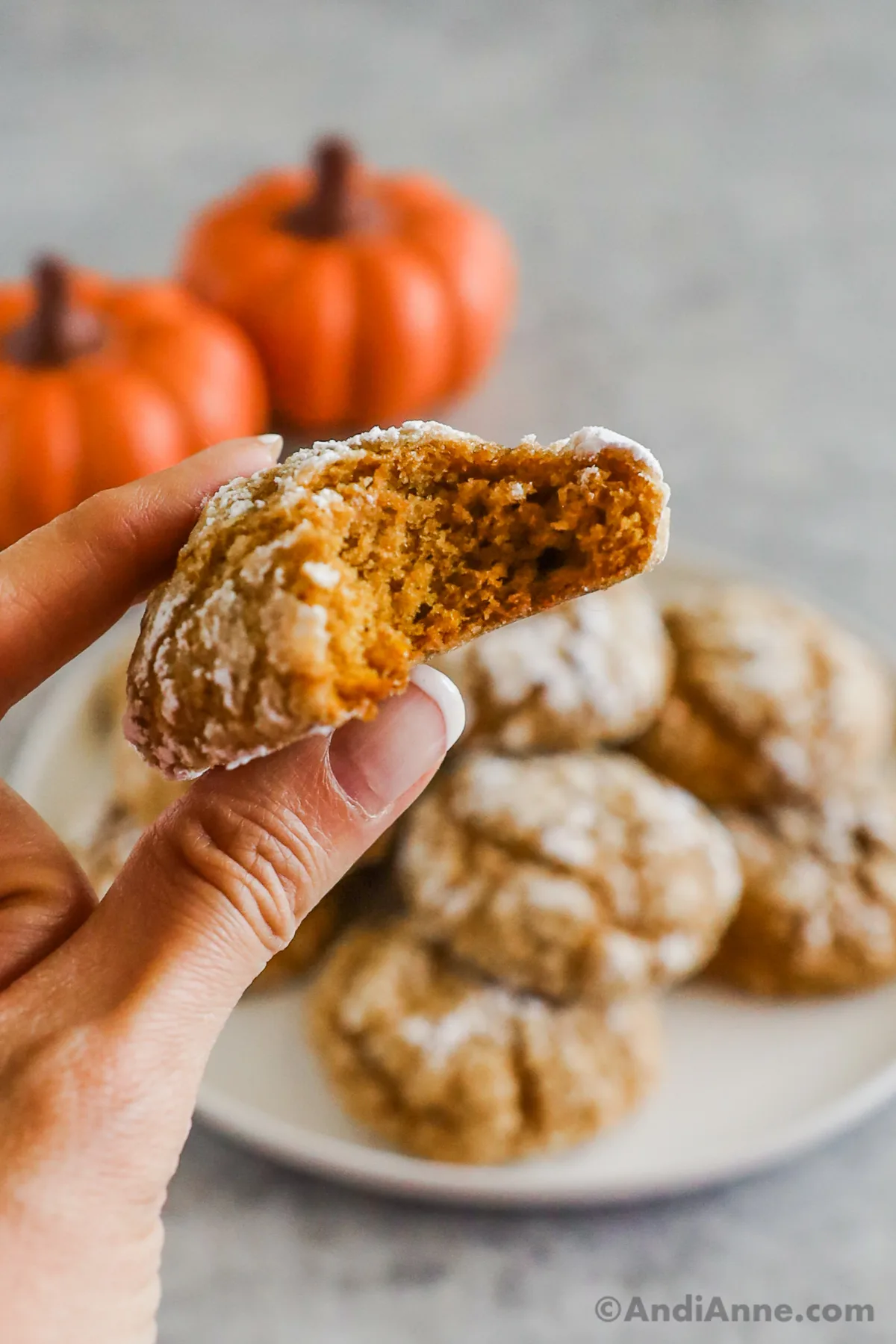 A hand holding a pumpkin crinkle cookie with a bite taken out of it.