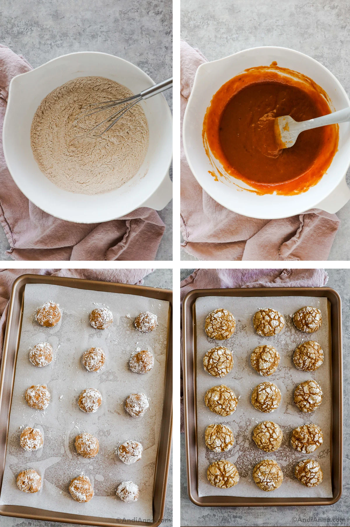 Four images, first two are bowls with dry ingredients and wet ingredients for recipe. Last two are baking sheet with baked and unbaked cookies.