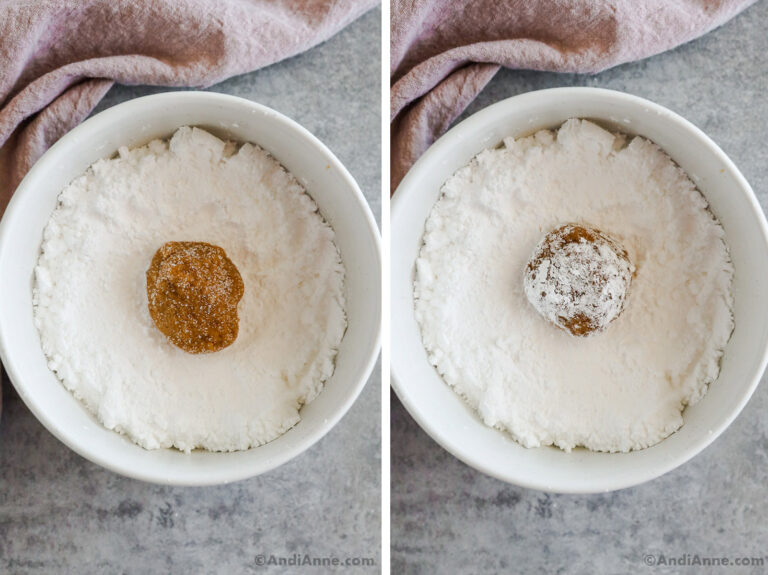 Bowl of powdered sugar with one rolled cookie ball.