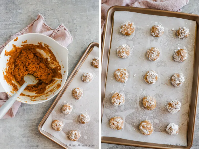 Cookie balls on a baking sheet with a bowl of cookie dough.