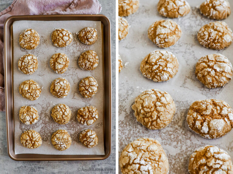 A baking sheet with baked pumpkin crinkle cookies.