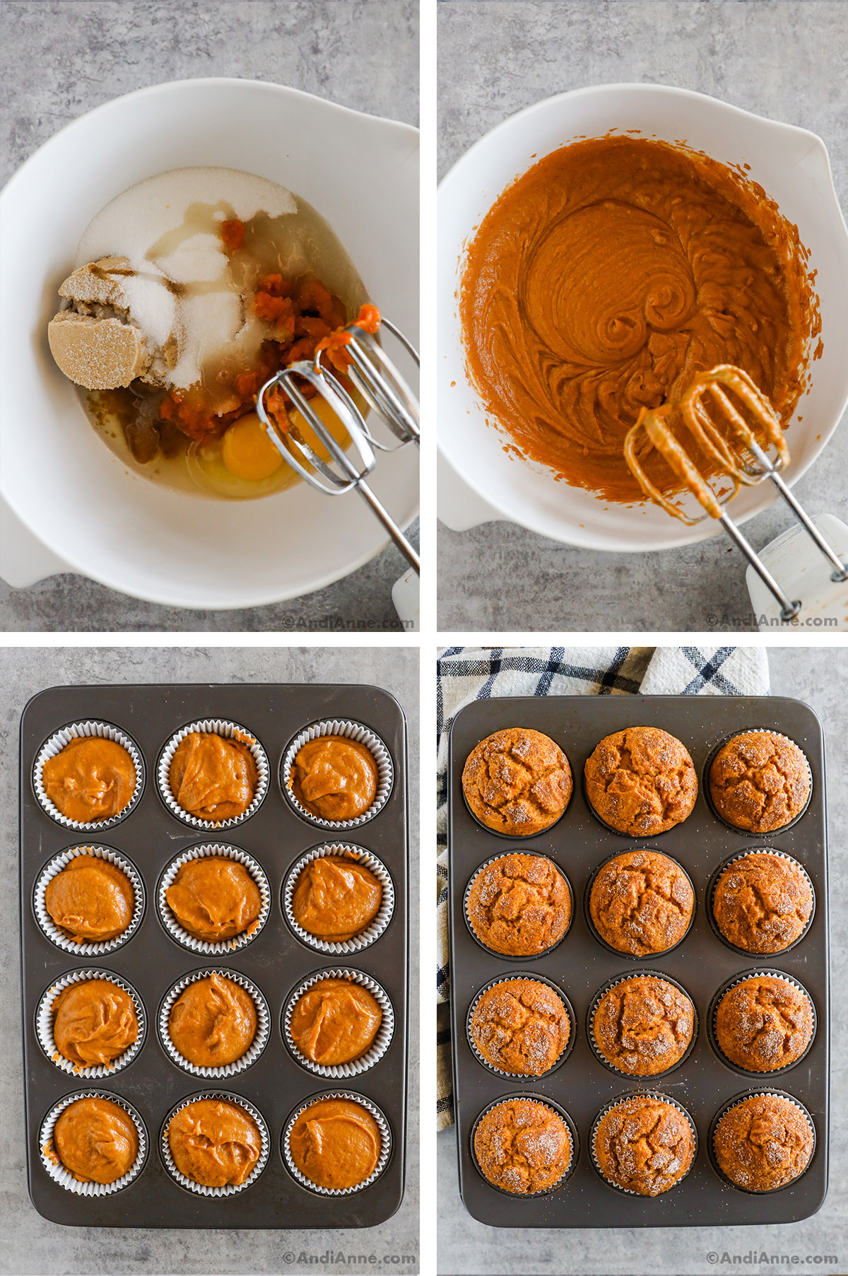 Four images of various steps to make recipe. First two are muffin batter in bowl in various stages with hand mixer. Second two are muffins in muffin pan, first unbaked, then baked.