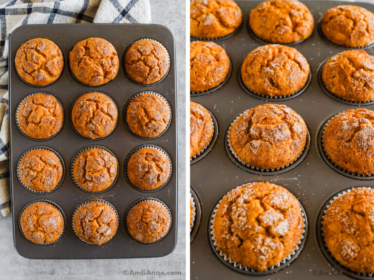 Pumpkin muffins in a muffin pan.
