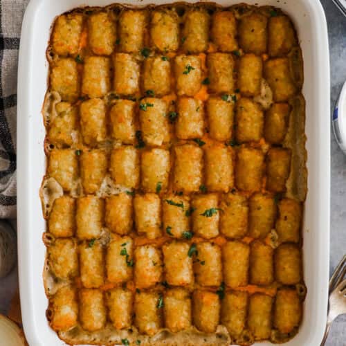 A casserole dish with tater tot casserole recipe.