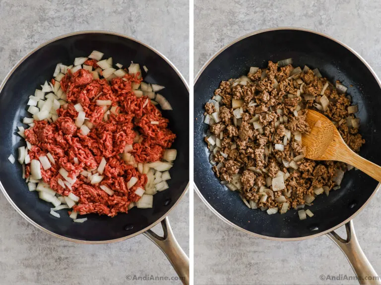 A frying pan in two steps. First is raw ground beef with onions. Second is cooked ingredients.